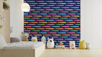 Bright fish pattern in vibrant rainbow shades on blue wall

