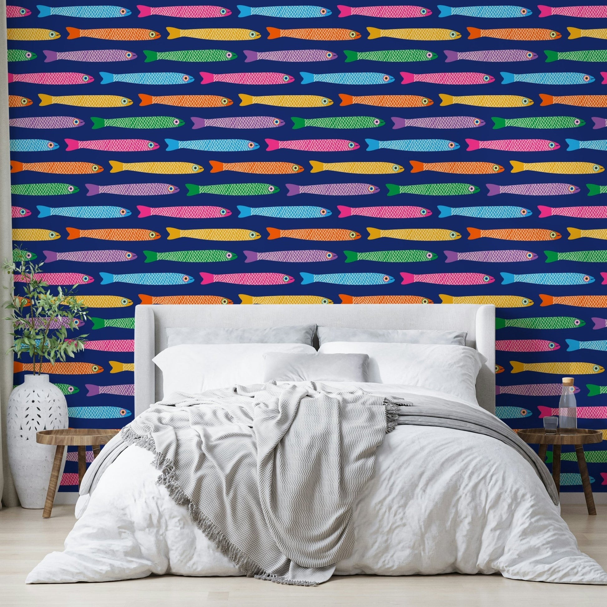 Fun and colorful fish wallpaper in blue tones

