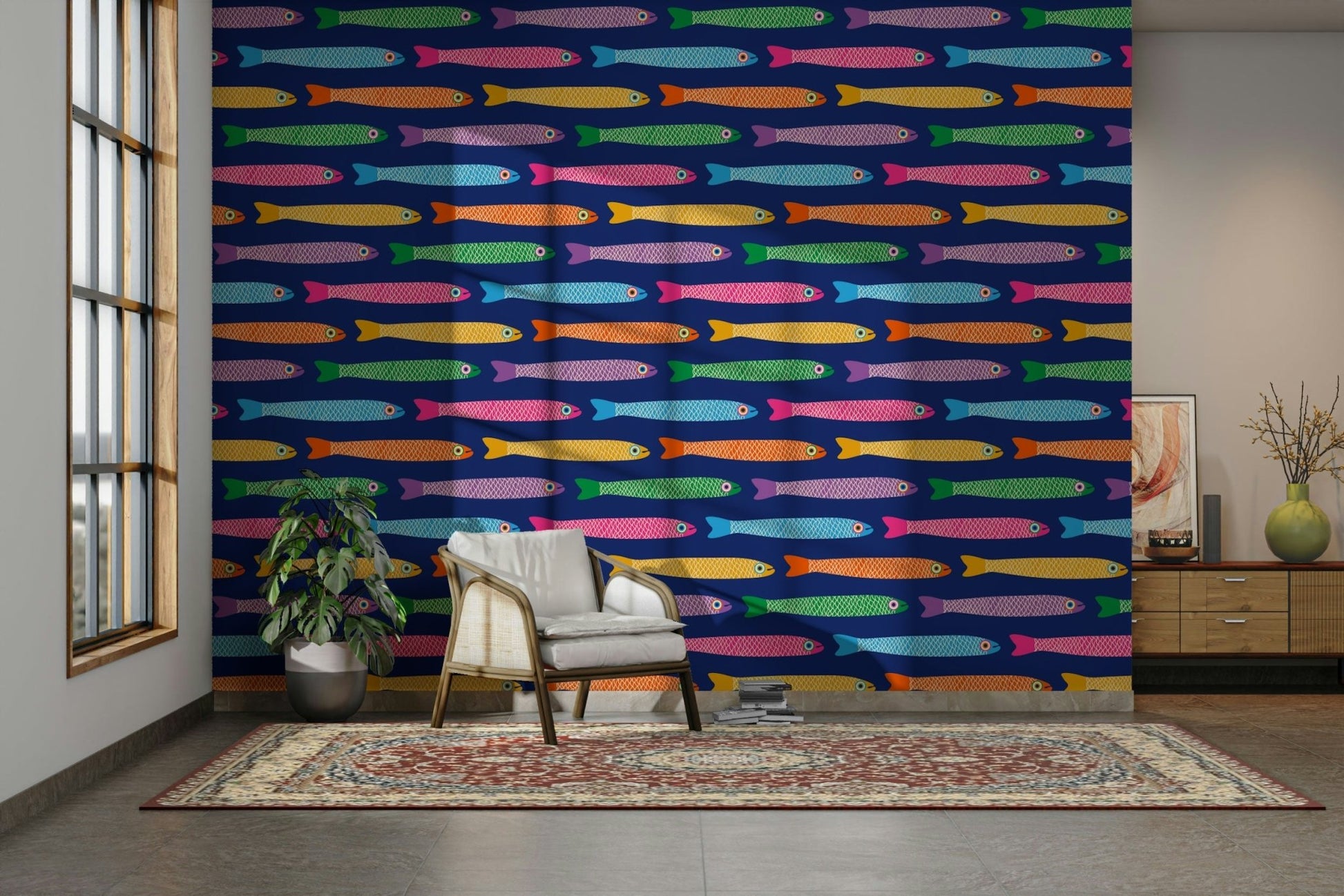 Anchovies fish in a colorful pattern on blue wallpaper

