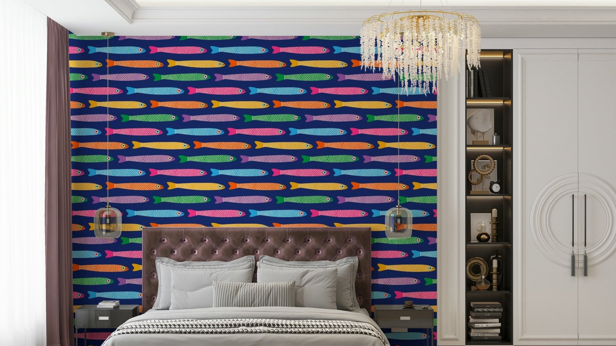 Colorful Anchovies fish pattern on royal blue wallpaper, GD1583