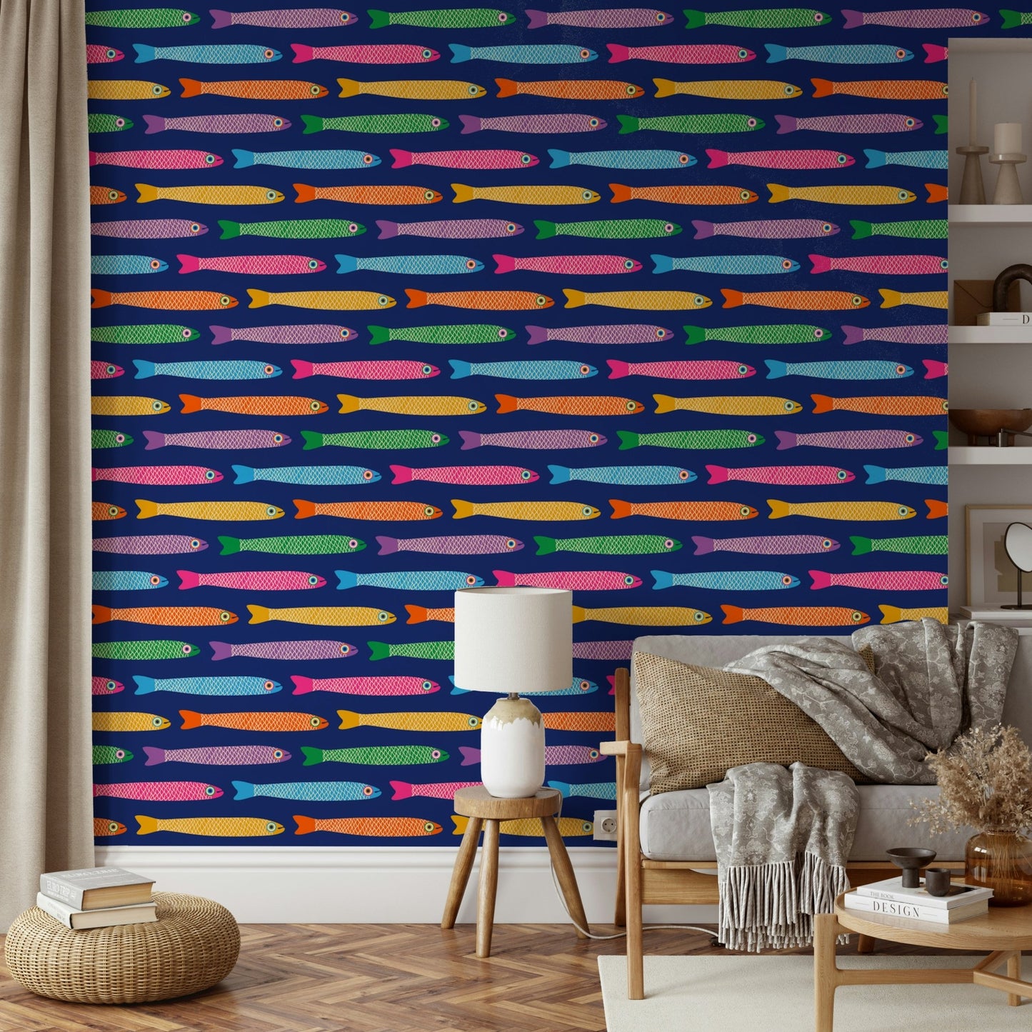 Bold rainbow fish pattern on blue background for walls


