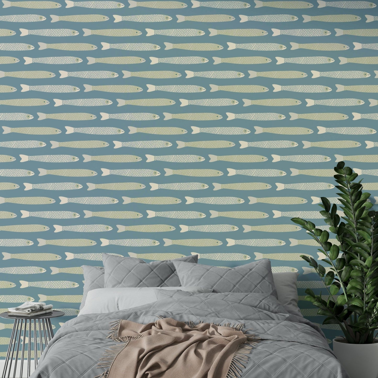 Playful wallpaper with cream and green fish

