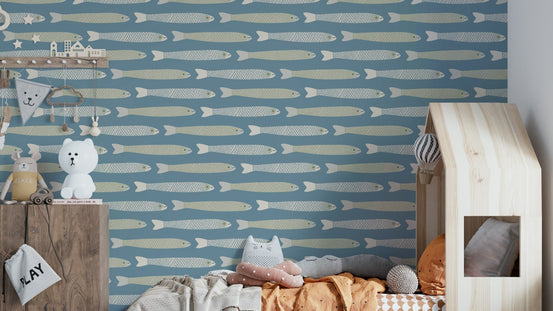 Cream and sage fish on light blue wallpaper, GD2467