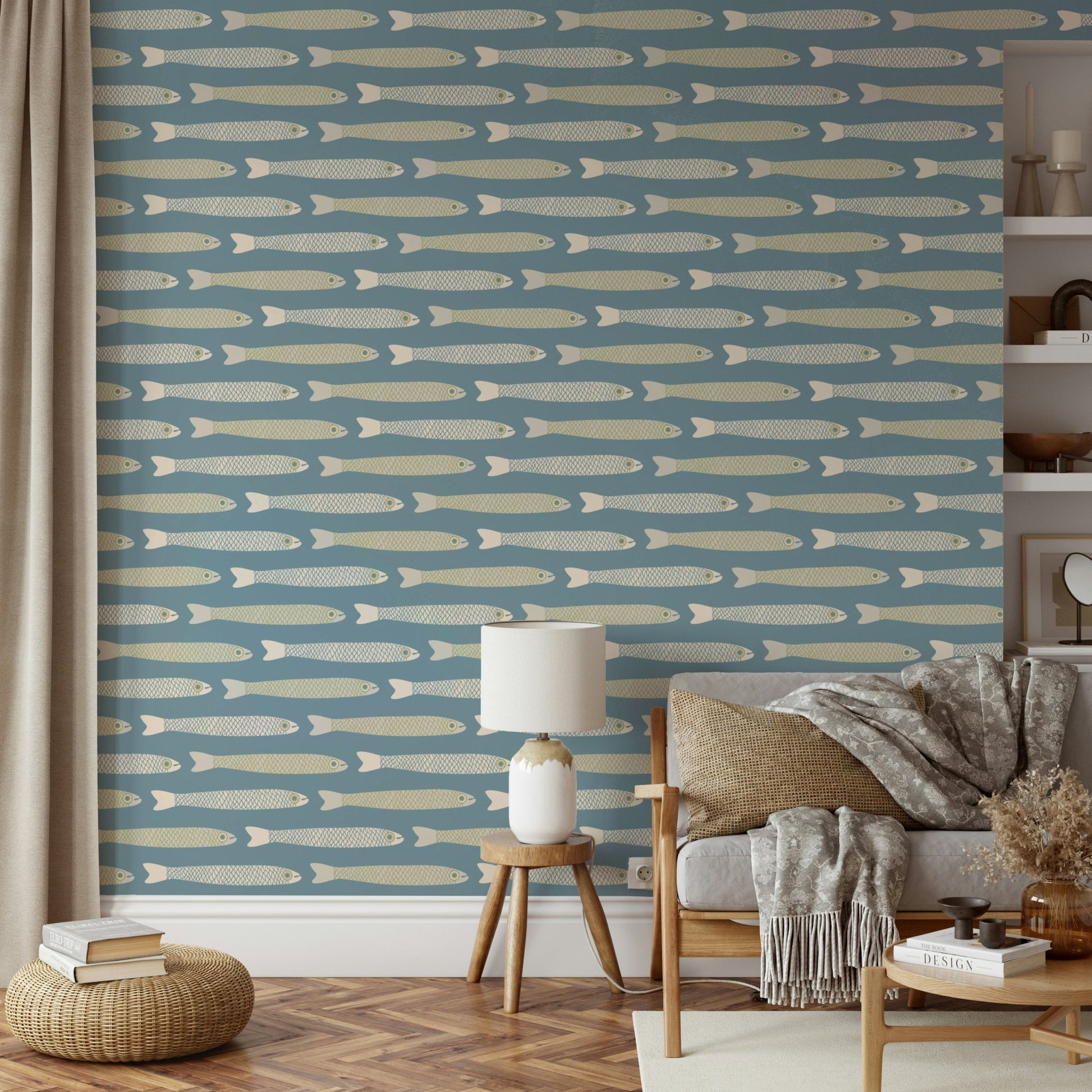 Light blue wallpaper with anchovy illustrations


