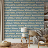 Light blue wallpaper with anchovy illustrations

