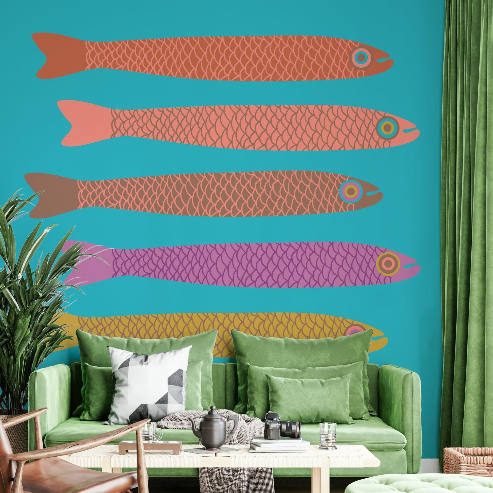 Blue backdrop fish mural wallpaper
