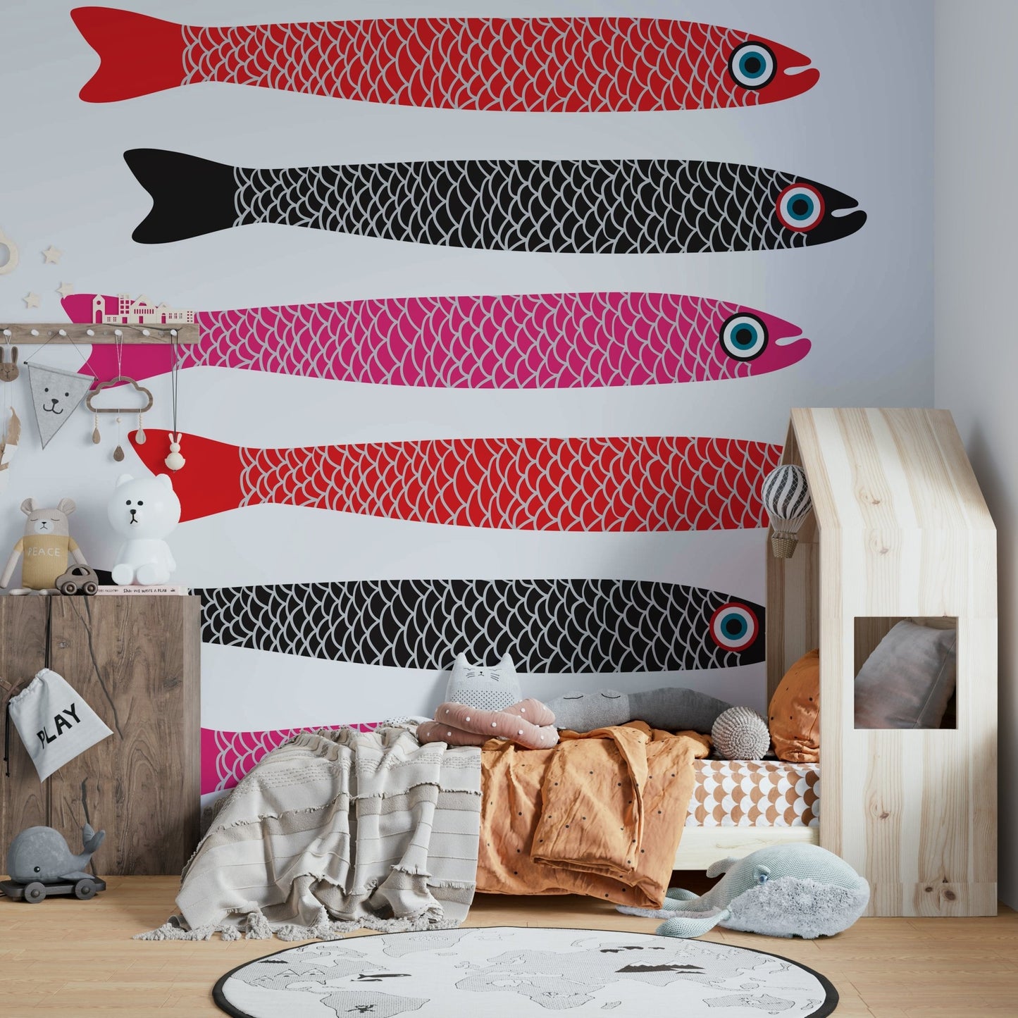 White background with colorful fish print
