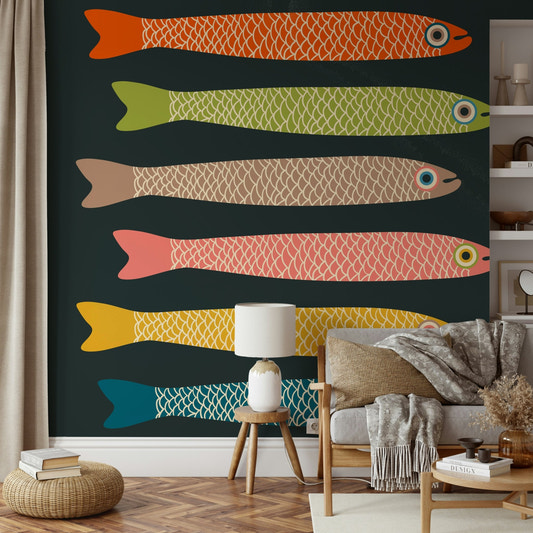 Retro vintage fish mural with anchovies in multicolors.

