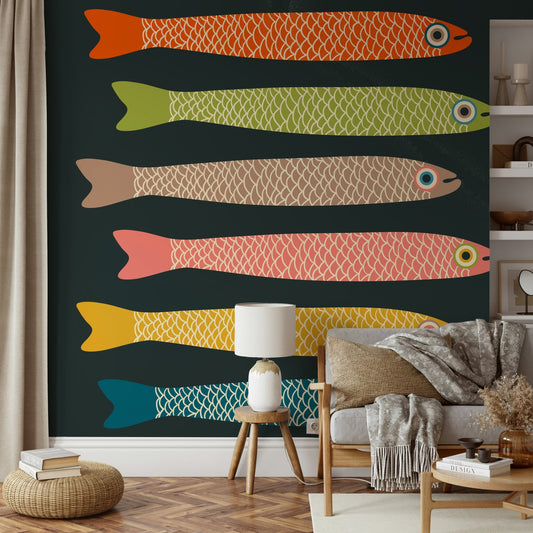 Retro vintage fish mural with anchovies in multicolors.

