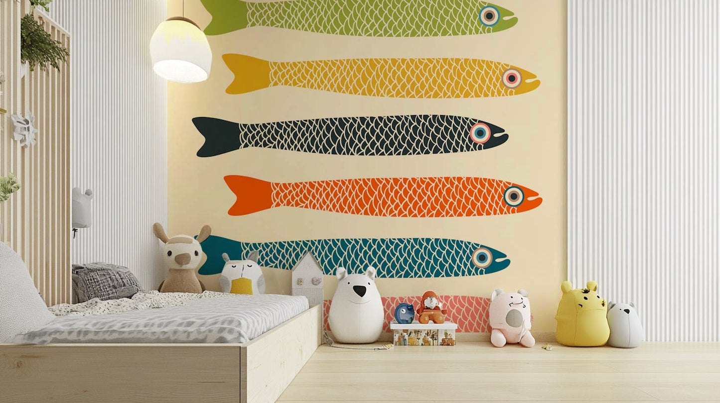 Retro Anchovies Fish Mural in Multicolor Style


