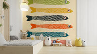 Retro Anchovies Fish Mural in Multicolor Style

