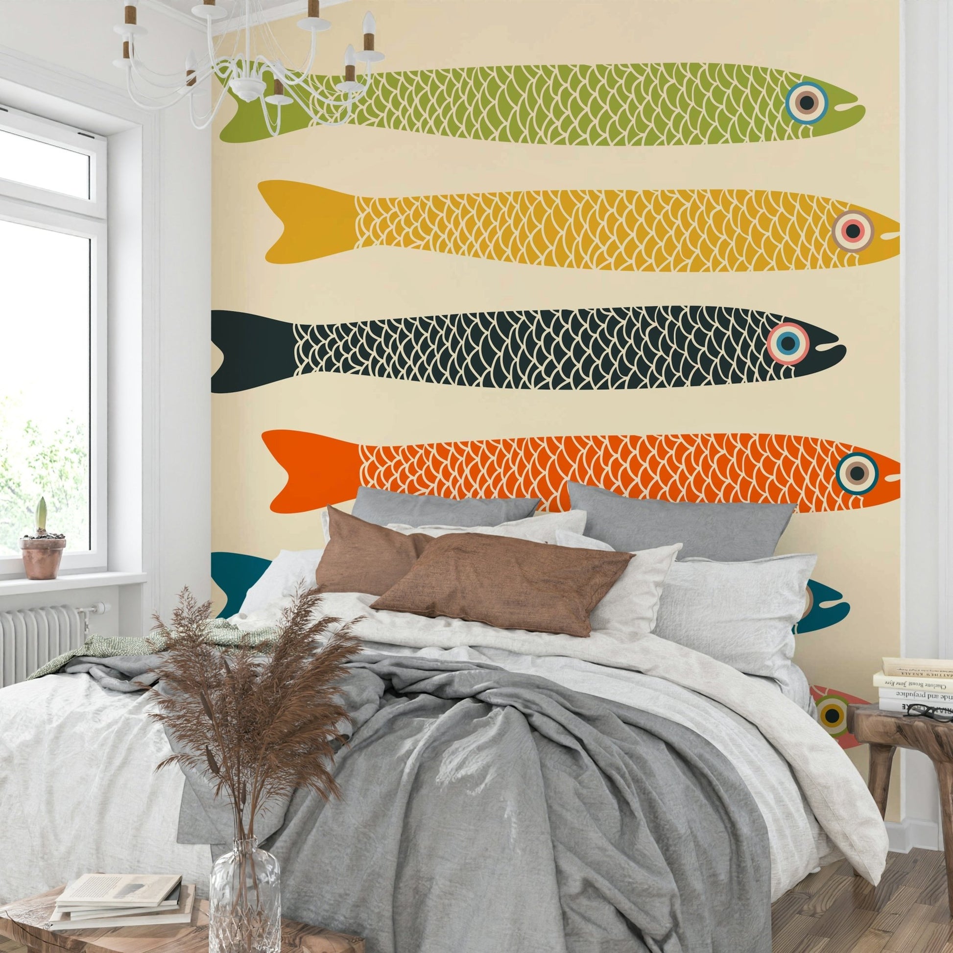 Cream Wall Mural Featuring Retro Anchovies

