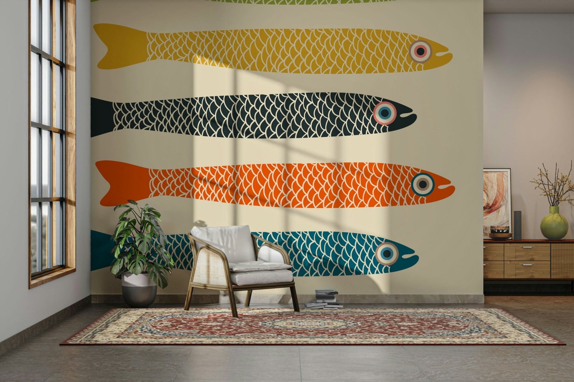 Cream Wall with Retro Anchovies Fish Design

