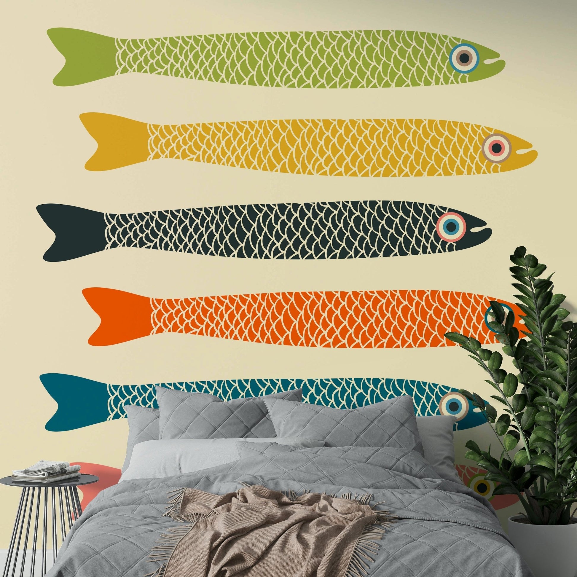 Retro Anchovies Fish Mural on Cream Wall

