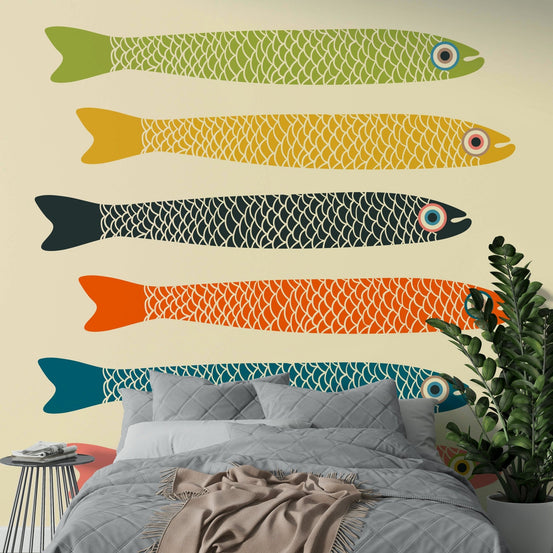 Retro Anchovies Fish Mural on Cream Wall, GD1803