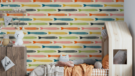 Retro multicolored anchovies fish wallpaper on cream.

