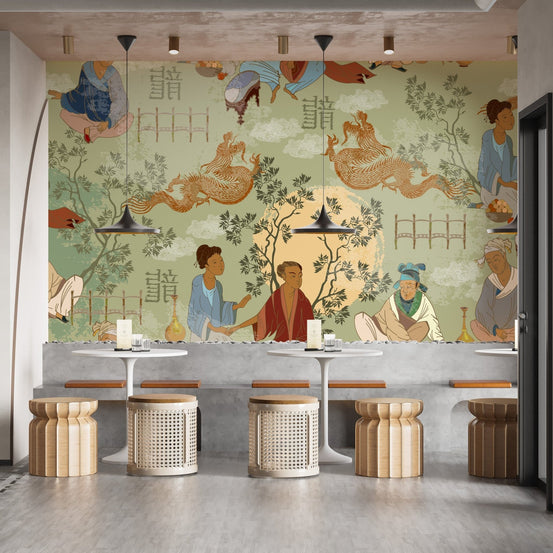 Ancient Chinese tea ceremony mural design, B347