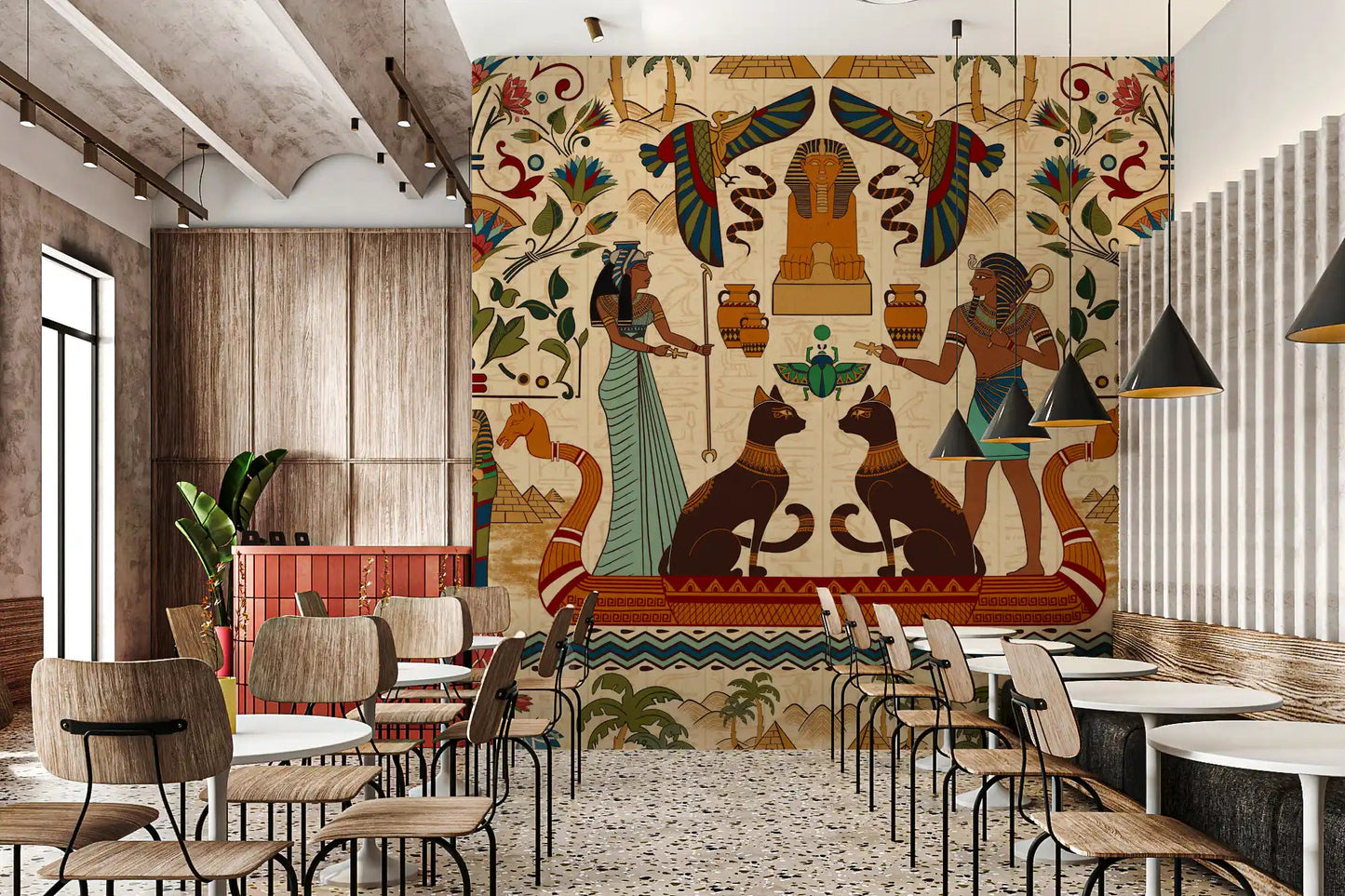 Ancient Echoes Wall Mural paired with a long table in a warm Café space