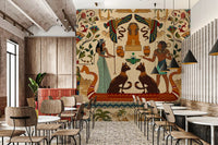 Ancient Echoes Wall Mural paired with a long table in a warm Café space