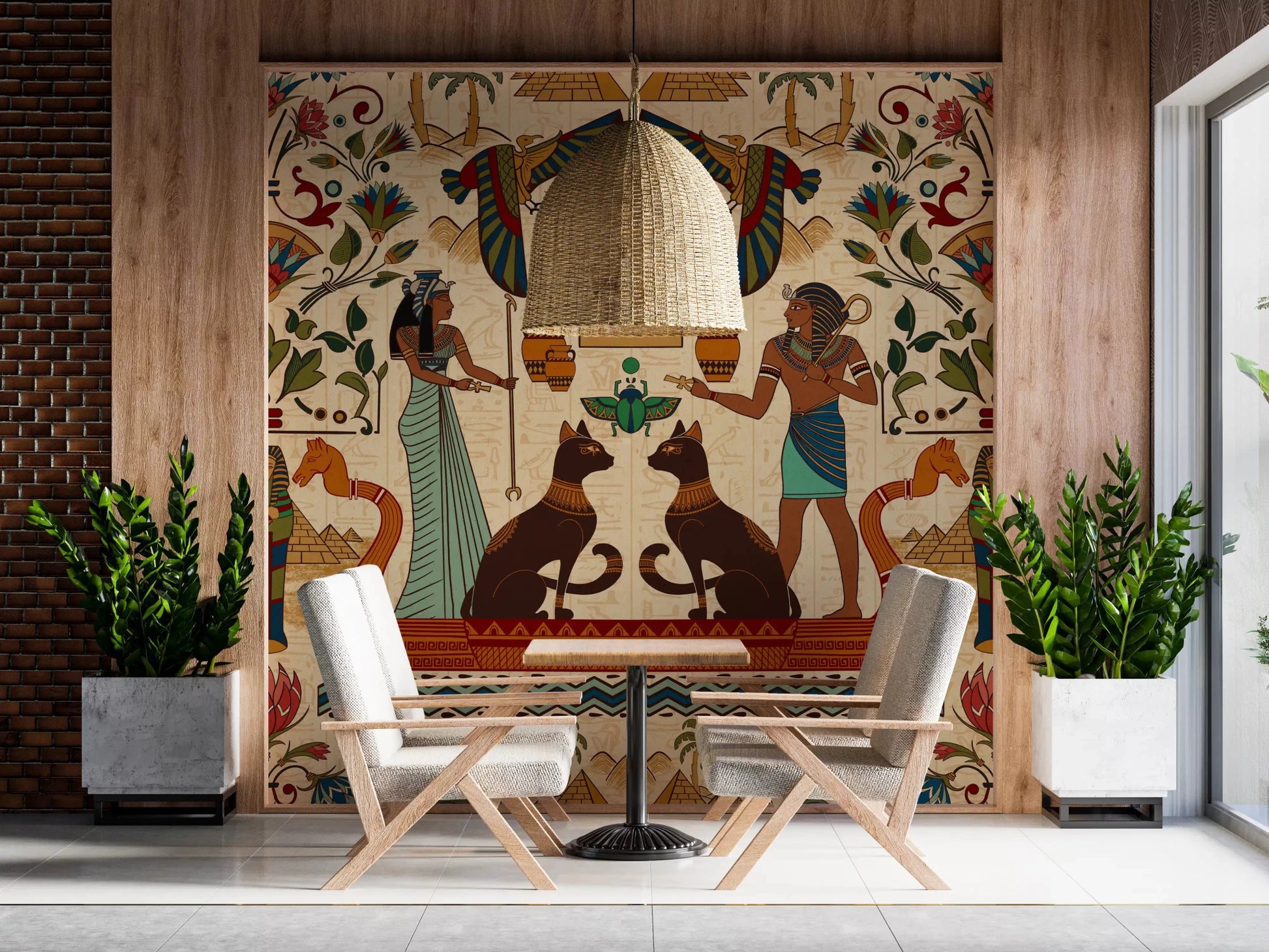Pattern-rich Ancient Echoes Wall Mural framed by plants in a stylish lounge