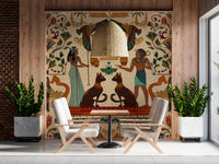 Pattern-rich Ancient Echoes Wall Mural framed by plants in a stylish lounge