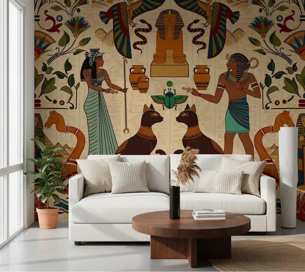 Ancient Echoes Wall Mural behind a white sofa in a bright modern living room, GD8915
