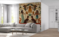 Ancient Echoes Wall Mural above a grey sofa in a spacious lounge with windows