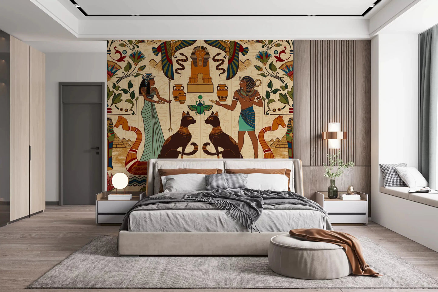 Calm bedroom featuring Ancient Echoes Wall Mural behind a low grey bed