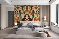 Calm bedroom featuring Ancient Echoes Wall Mural behind a low grey bed