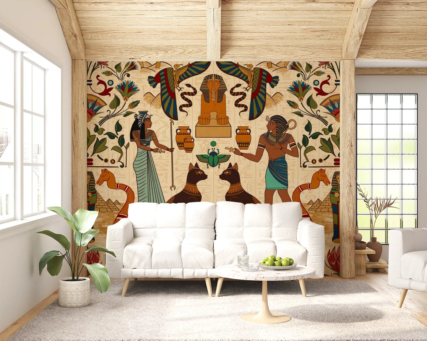 Ancient Echoes Wall Mural above a white in a soft neutral Living area 