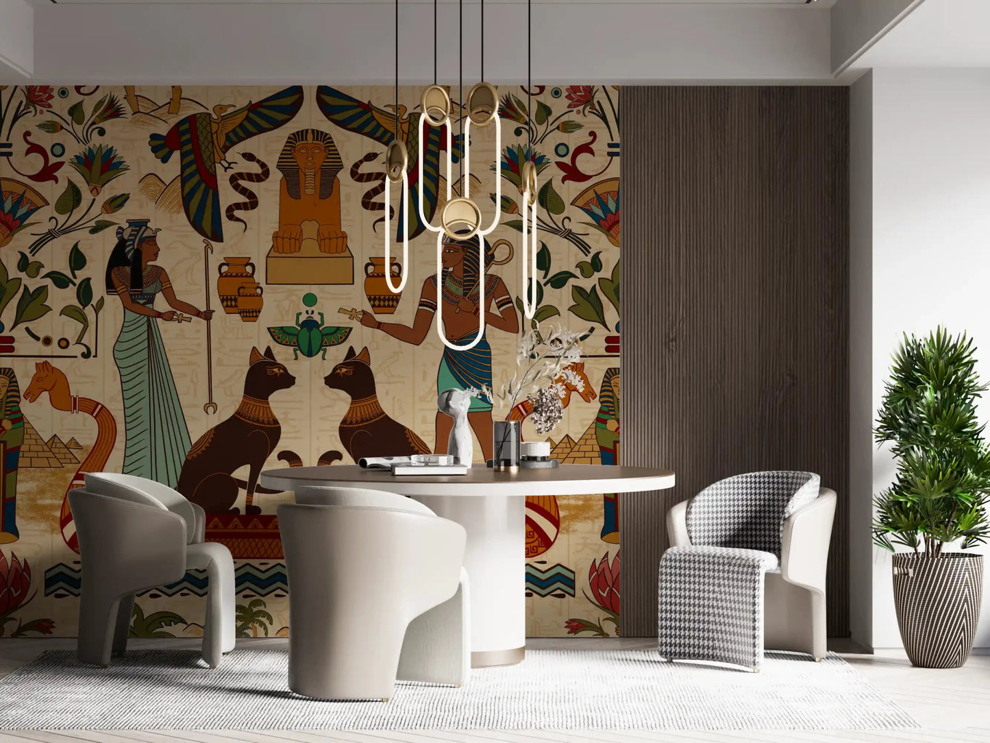 Ancient Echoes Wall Mural set behind a sofa in a cozy neutral living room