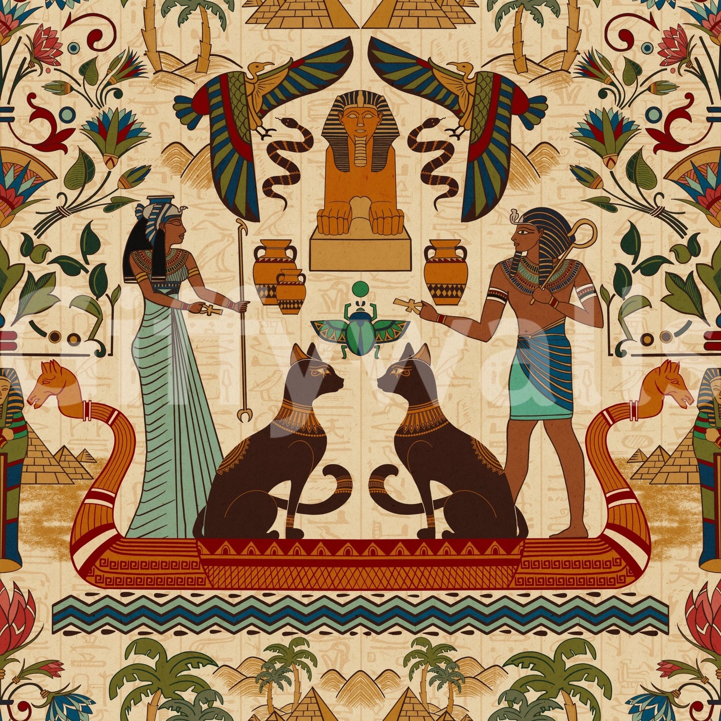 Ancient Echoes Wall Mural with Egyptian figures, cats, birds, and pyramid motifs