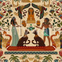 Ancient Echoes Wall Mural with Egyptian figures, cats, birds, and pyramid motifs