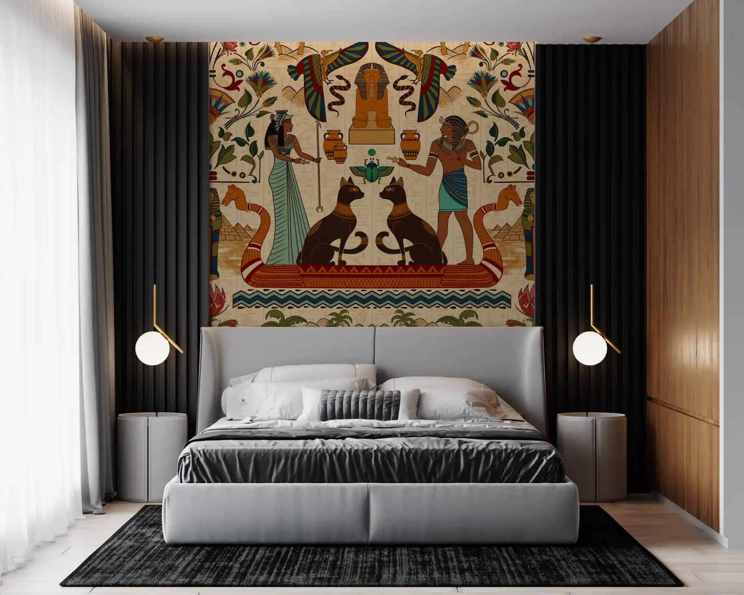 Moody bedroom with Ancient Echoes Wall Mural above a dark upholstered bed