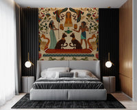 Moody bedroom with Ancient Echoes Wall Mural above a dark upholstered bed