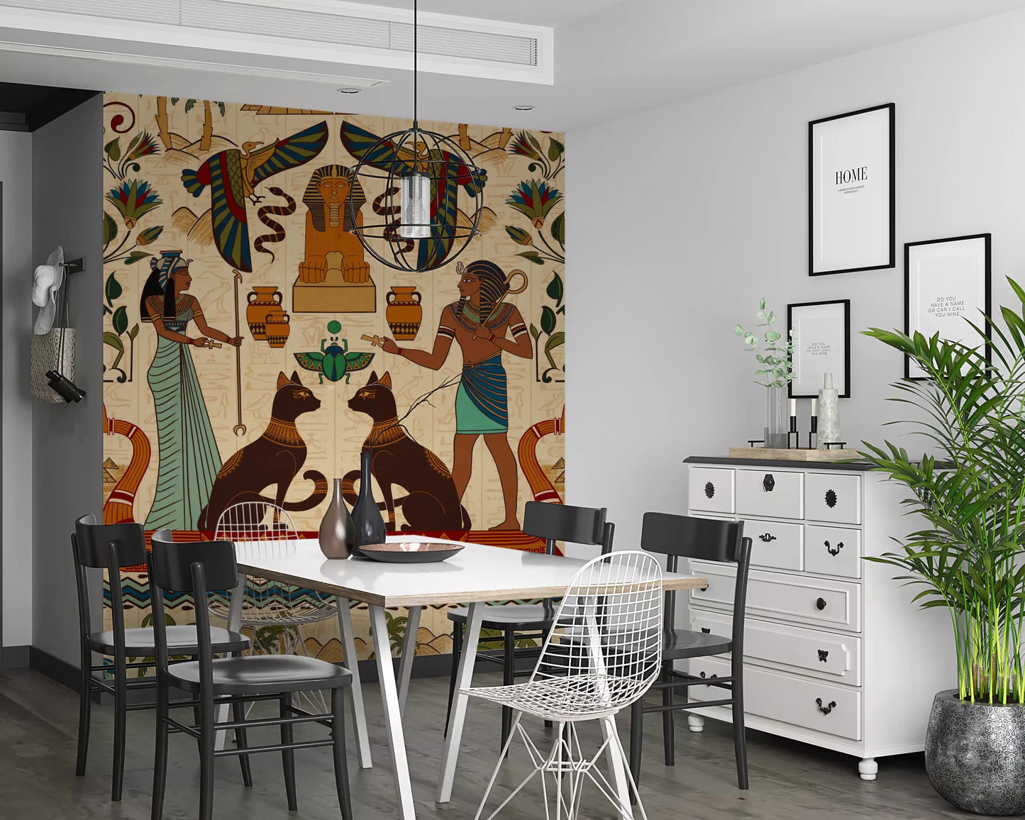 Ancient Echoes Wall Mural behind a white sofa in a bright modern Dining room