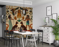 Ancient Echoes Wall Mural behind a white sofa in a bright modern Dining room