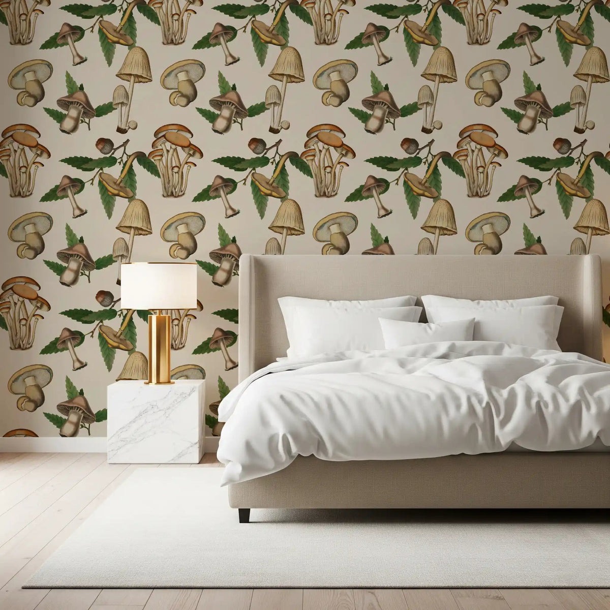 Bedroom wall with Ancient Forest wallpaper and mushrooms with acorns, GD9330