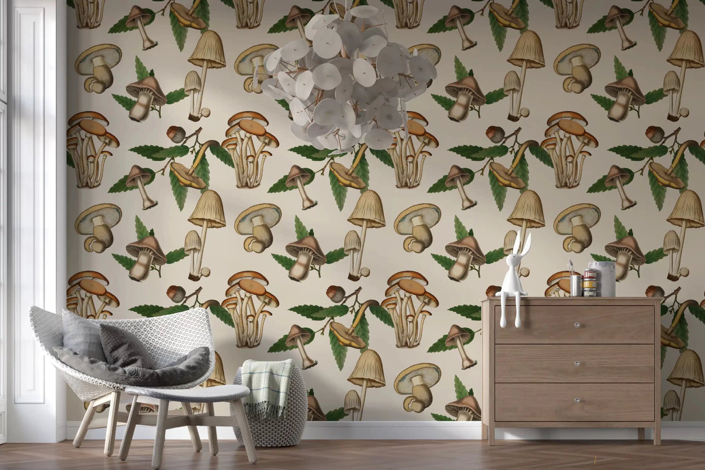 Cream background with Mushrooms and Acorns wallpaper pattern