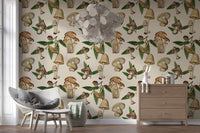 Cream background with Mushrooms and Acorns wallpaper pattern