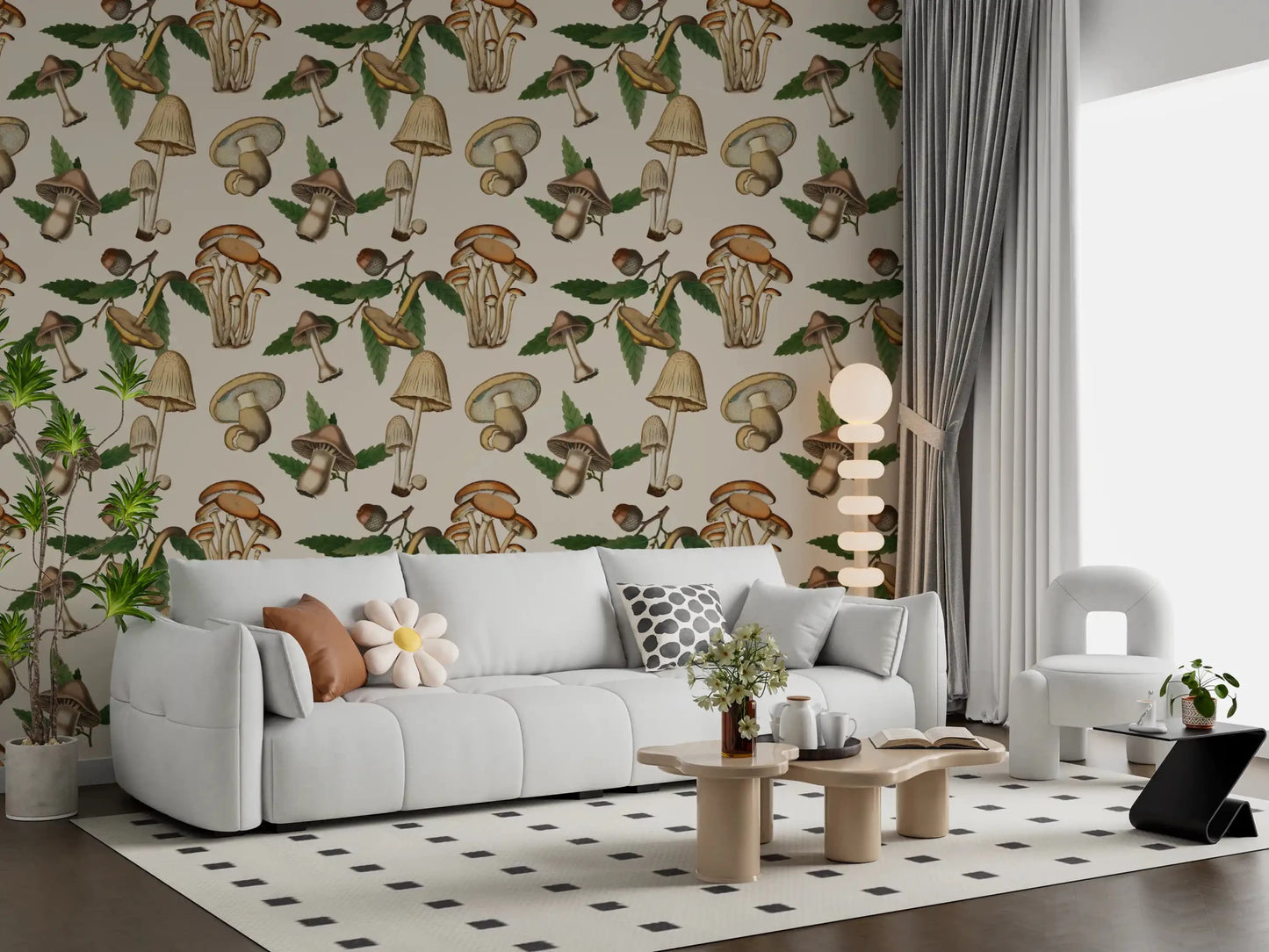 Living room featuring Forest Acorns wallpaper and leafy stems