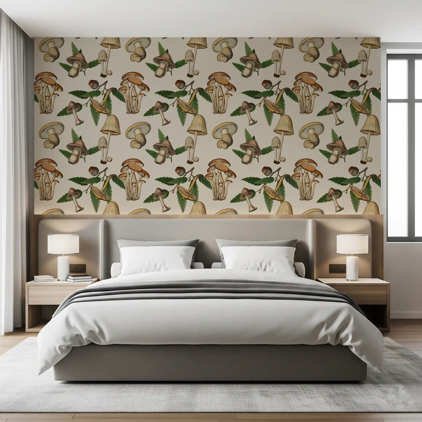 Soft woodland repeat in Ancient Forest wallpaper with fungi sketches