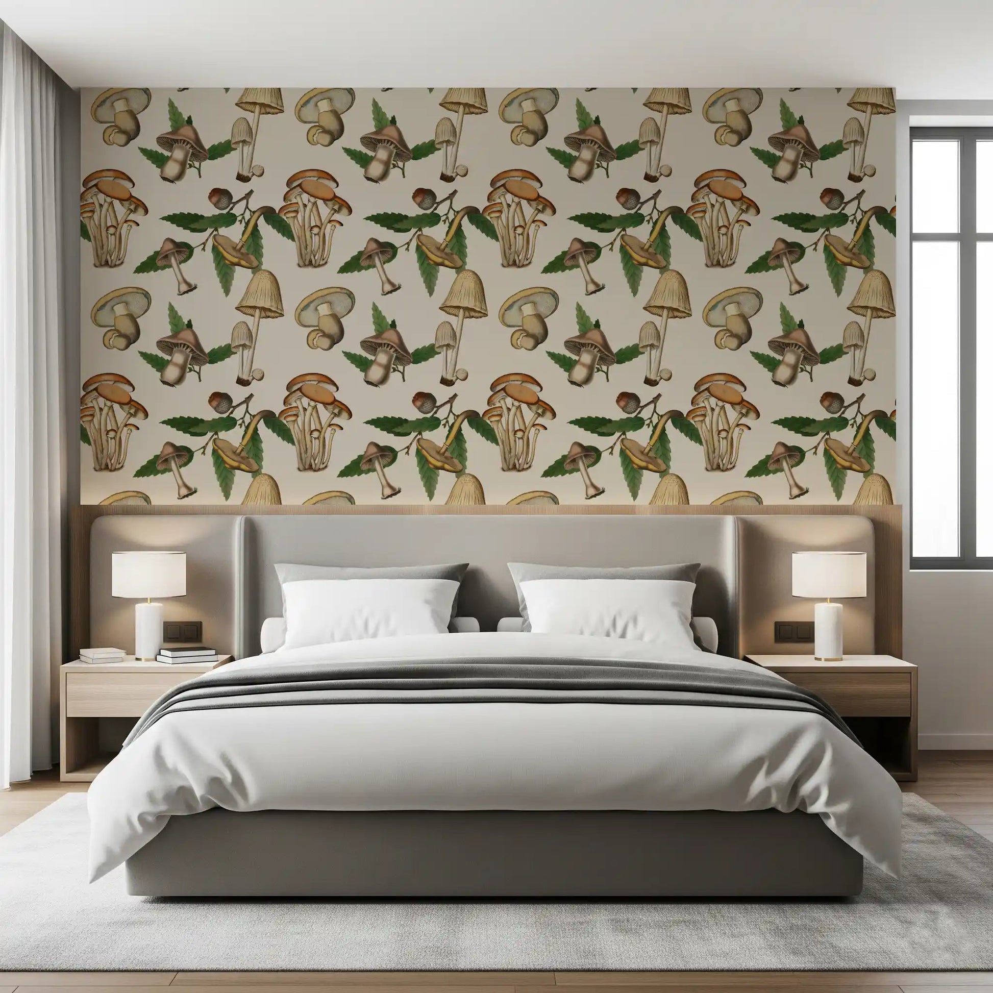 Soft woodland repeat in Ancient Forest wallpaper with fungi sketches