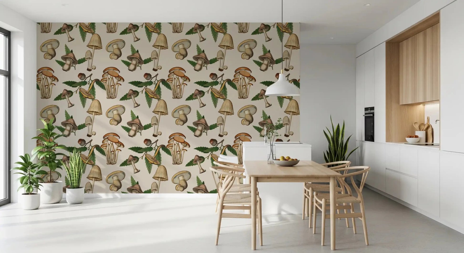 Dining room finished with Ancient Forest Mushrooms wallpaper detail