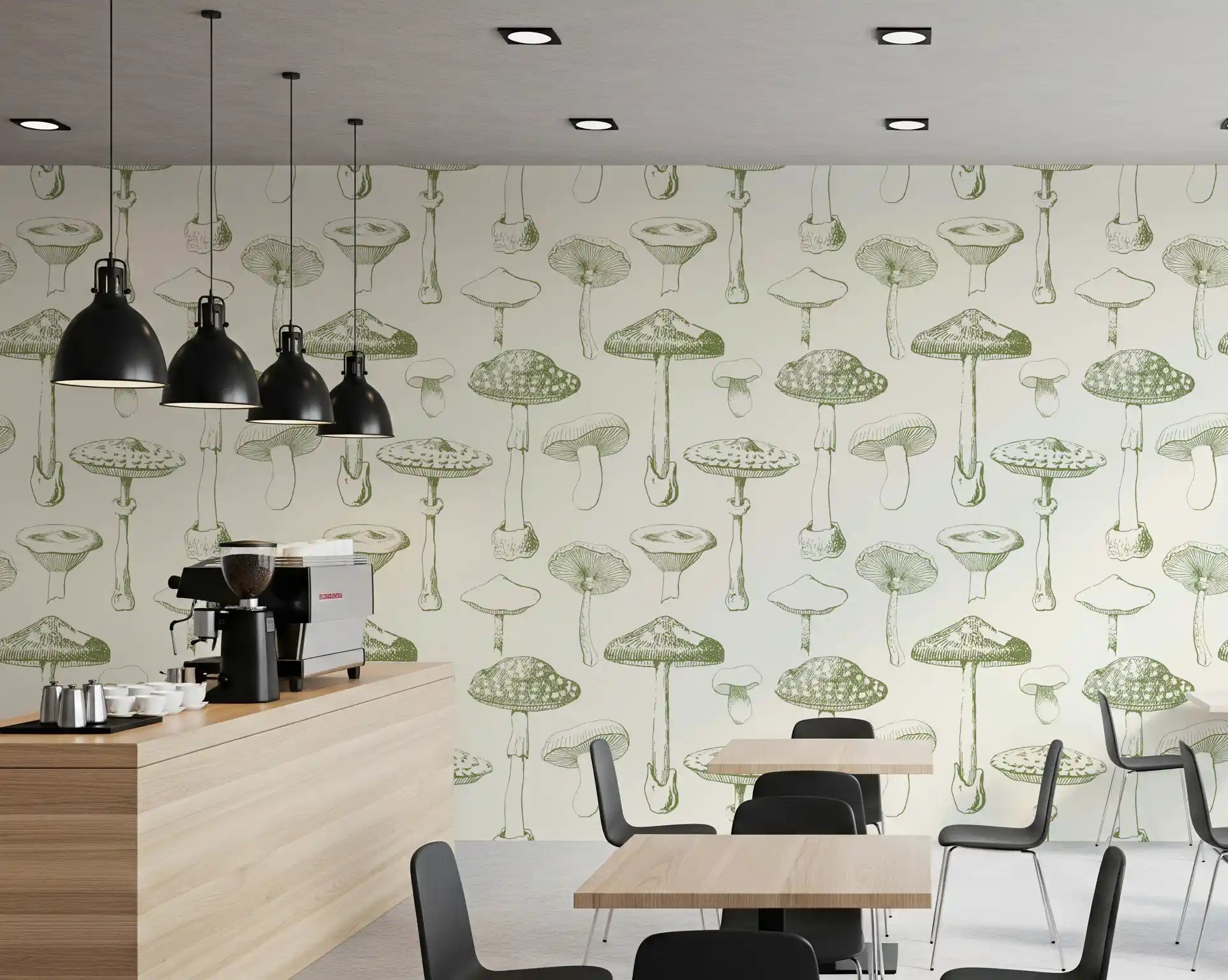 Soft sage Mushrooms wallpaper with an Ancient Forest repeat