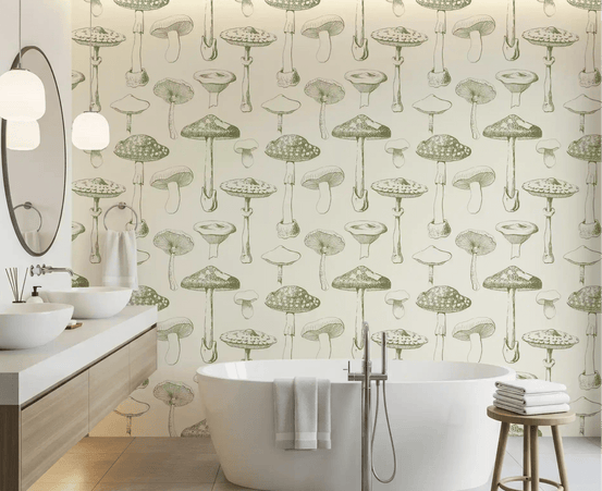 Calm cream surface with Forest mushroom motifs and fine detailing, GD9334
