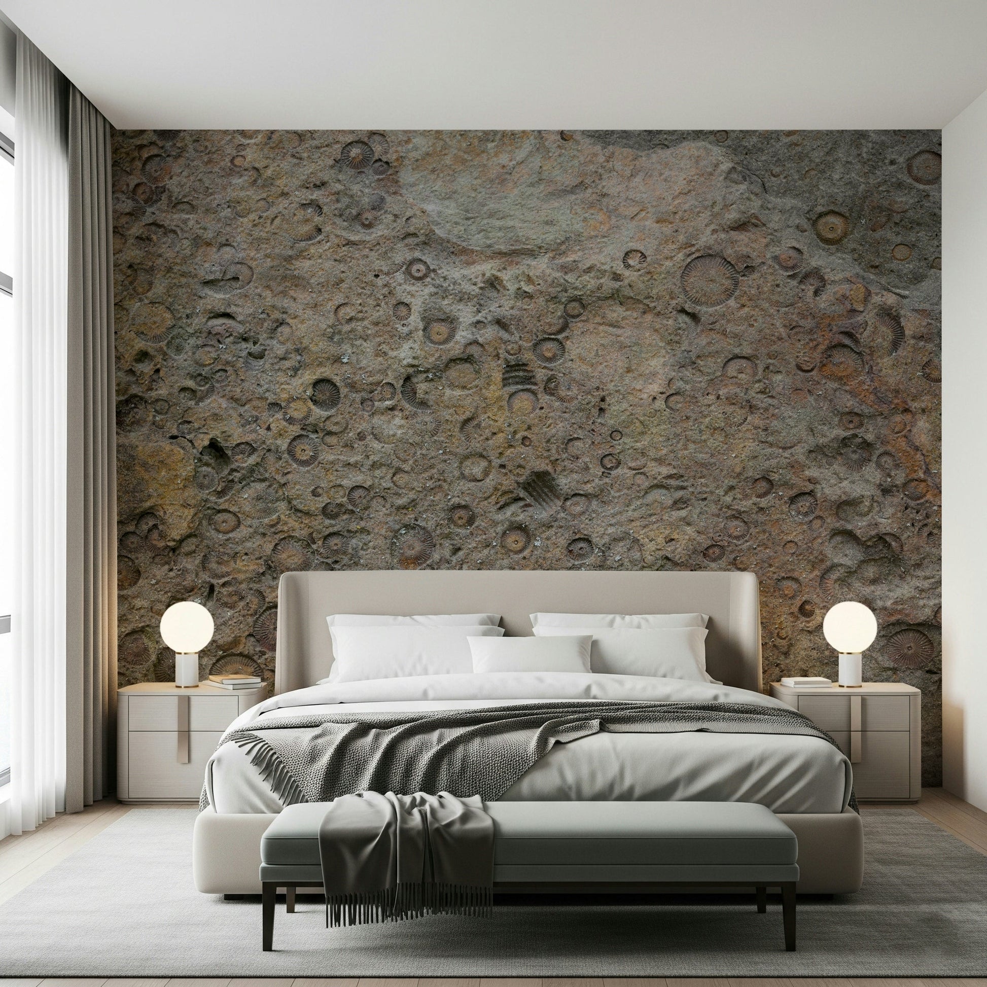 Bedroom feature wall with intricate fossil texture wallpaper

