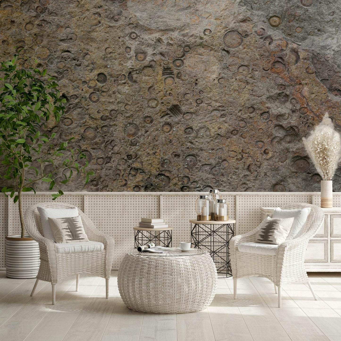 Natural earthy tones in fossil design wallpaper mural

