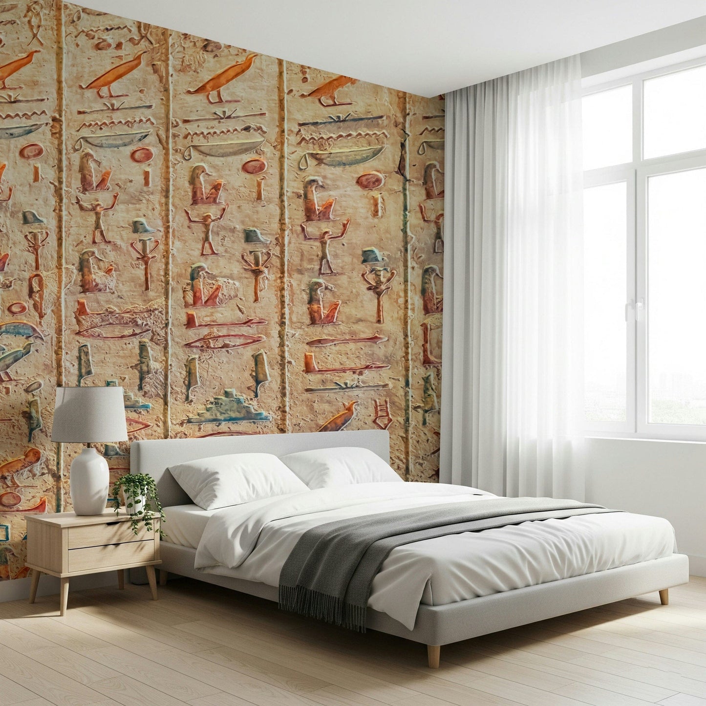 This bedroom feels more grounded with Ancient Glyphs Wall Mural and aged stone tones
