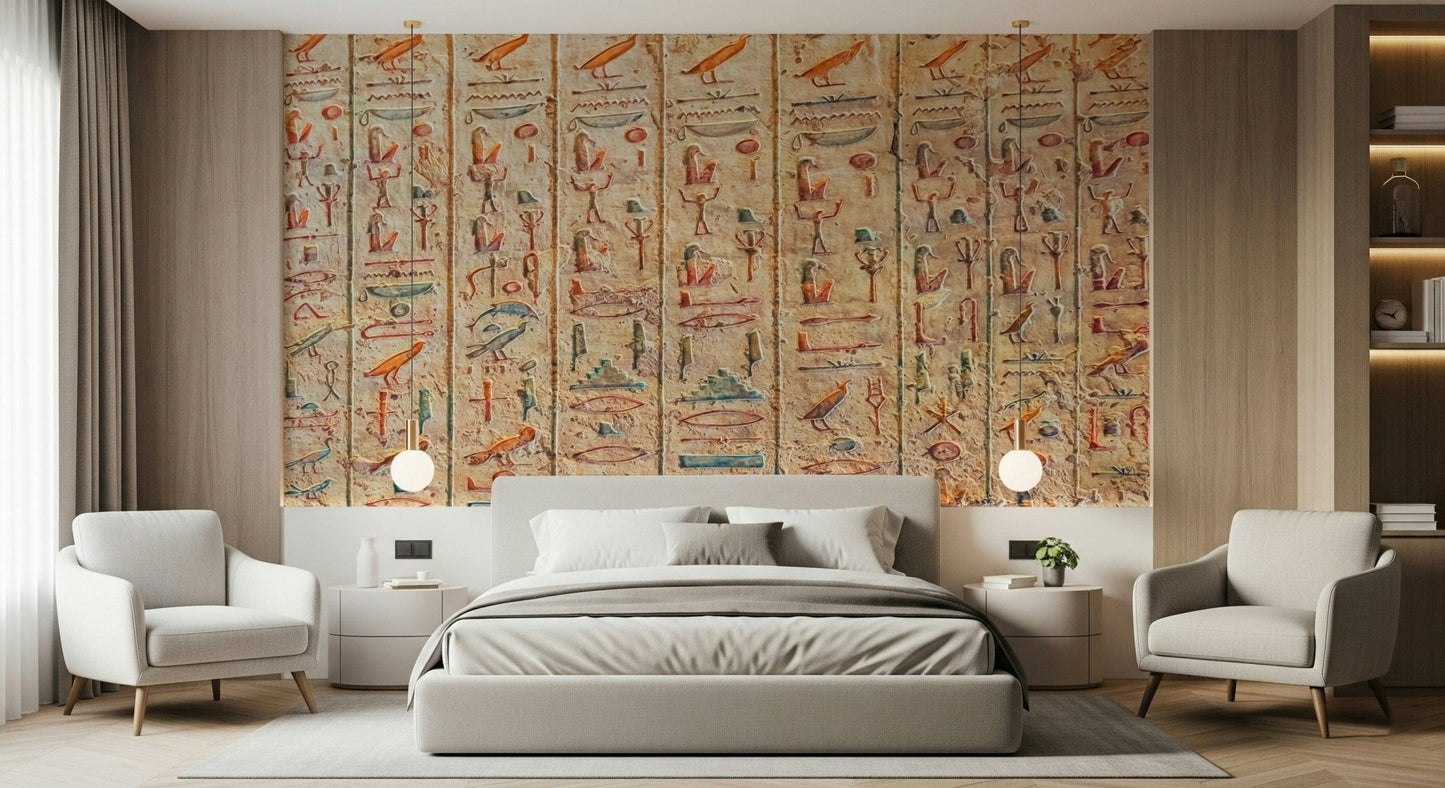 Ancient Glyphs Wall Mural brings historic surface character into this calm Living room